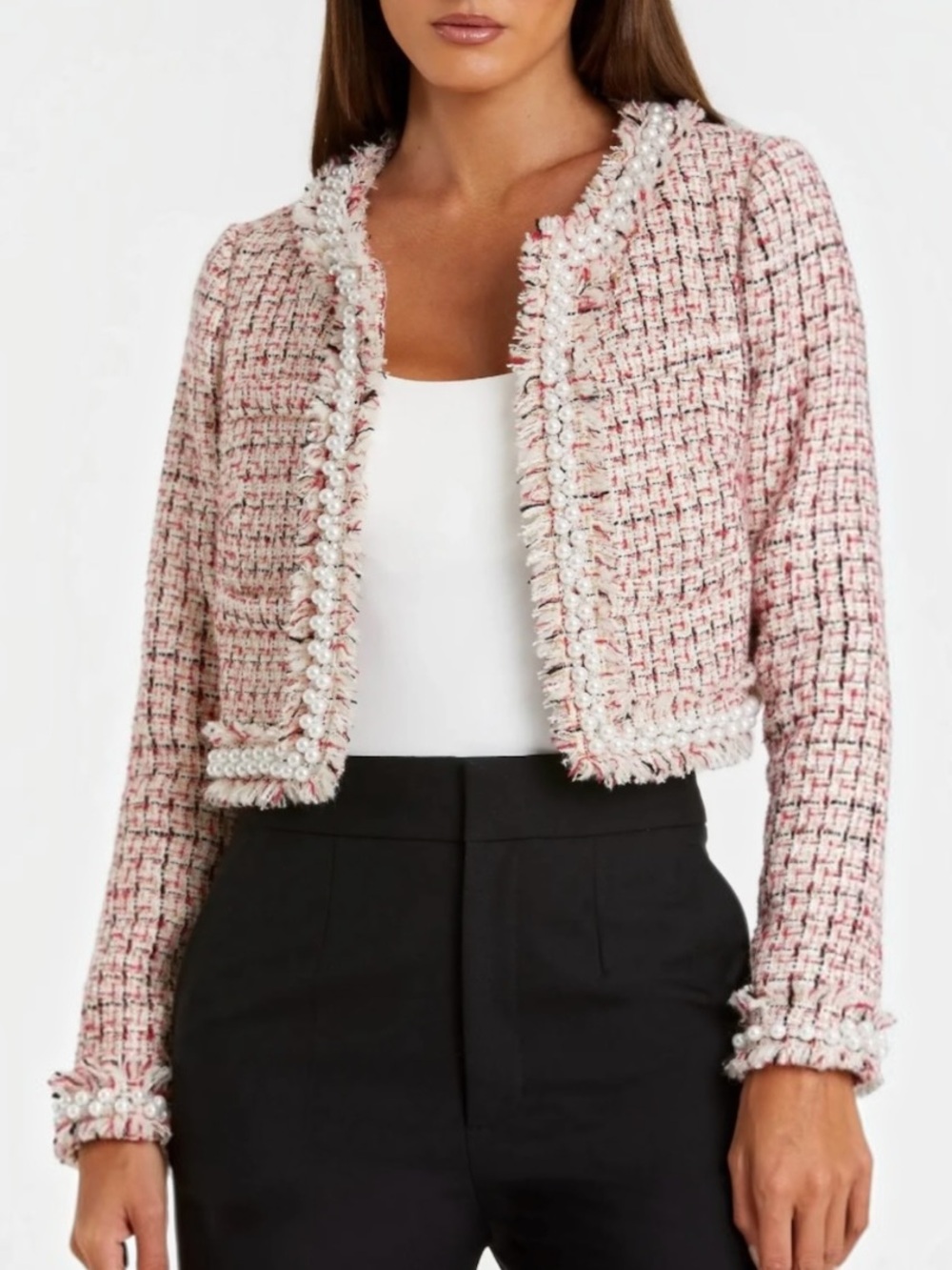 Mac Duggal Jacket Tweed Pearl Trim Cropped Blazer